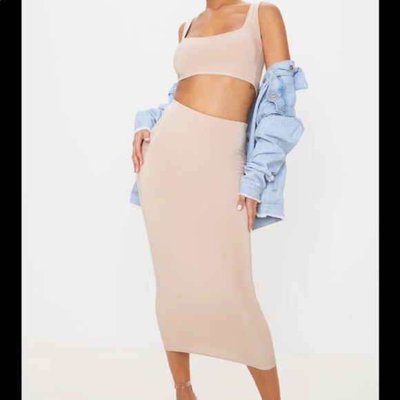 NWT pretty little thing PLT nude beige two piece tank and maxi midi skirt set - Picture 1 of 3